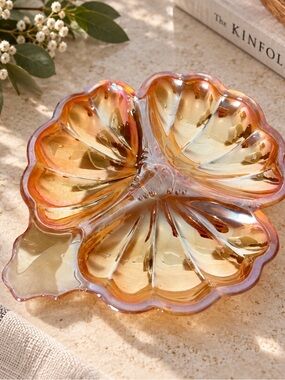 Marigold carnival glass three-leaf clover candy dish